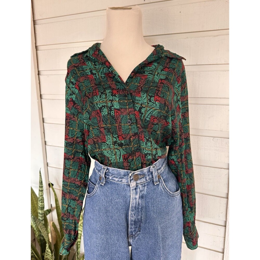 Vintage 90s Pendleton Shirt Green Red Paisley Button Up Long Sleeve- 10